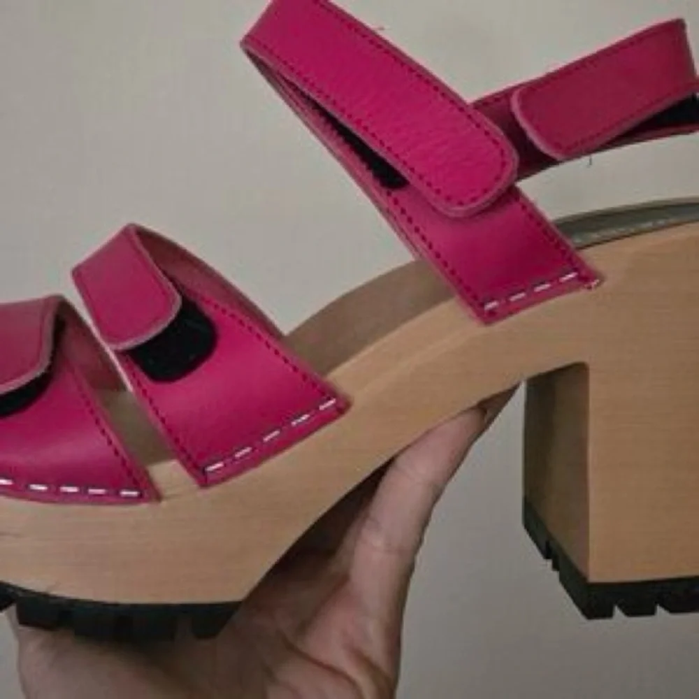 Swedish Hasbeens Pink Leather Platform Sandals